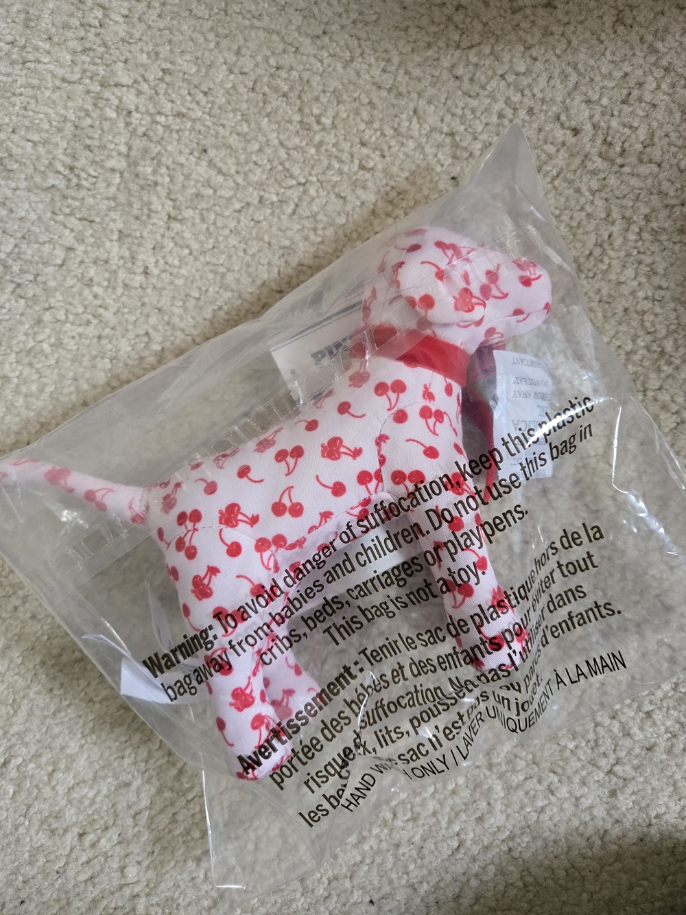 PINK Victoria's Secret White Plush Dog with Red Cherry Print